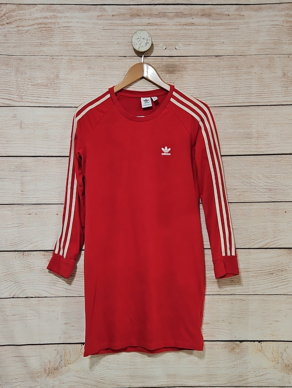 adidas Red Long-Sleeve Kids' Three-Stripe Dress Large 13-14Y
